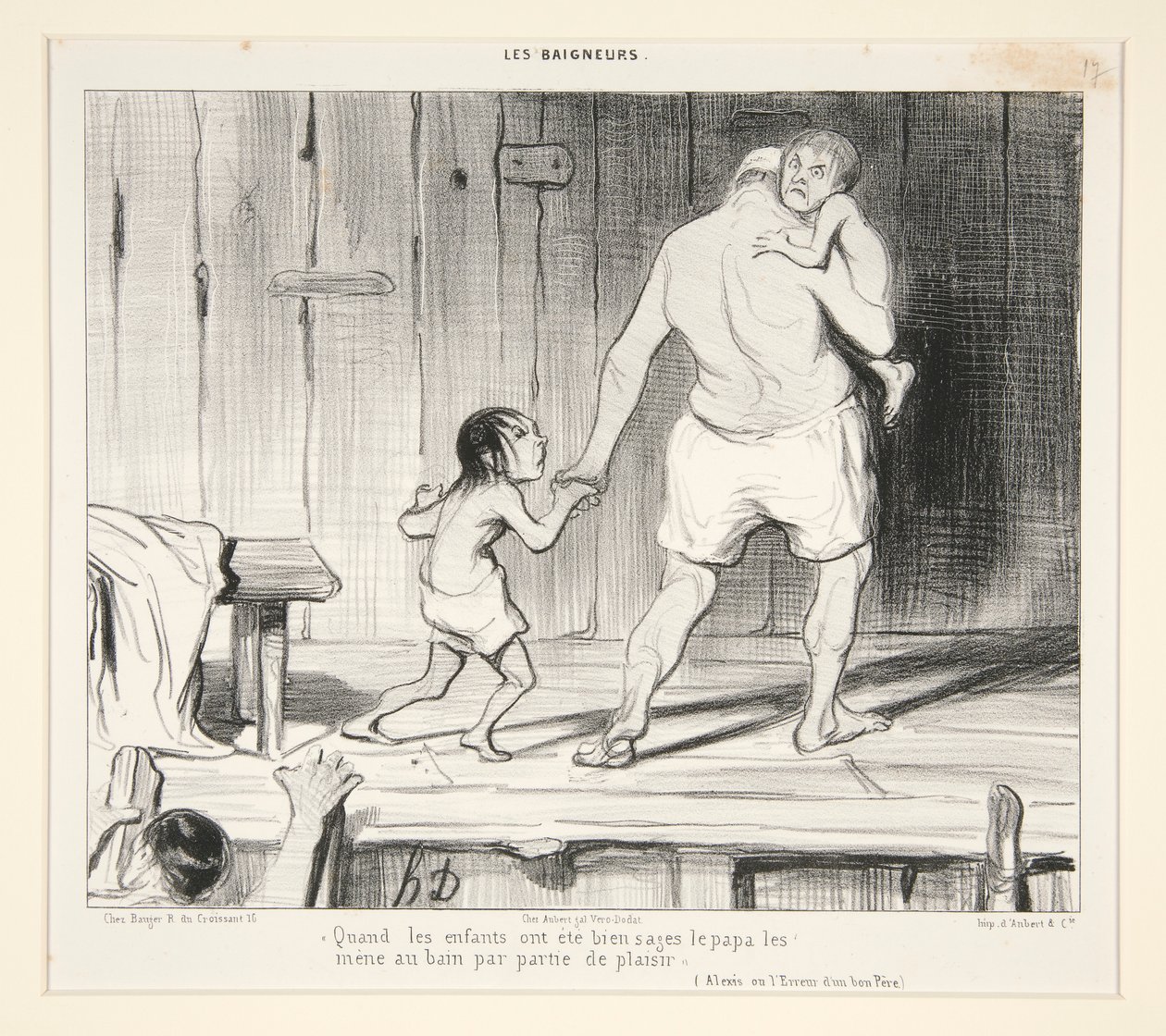 Kun lapset ovat käyttäytyneet hyvin, isä vie heidät kylpyyn huvin vuoksi Les Baigneursista tekijältä Honoré Daumier