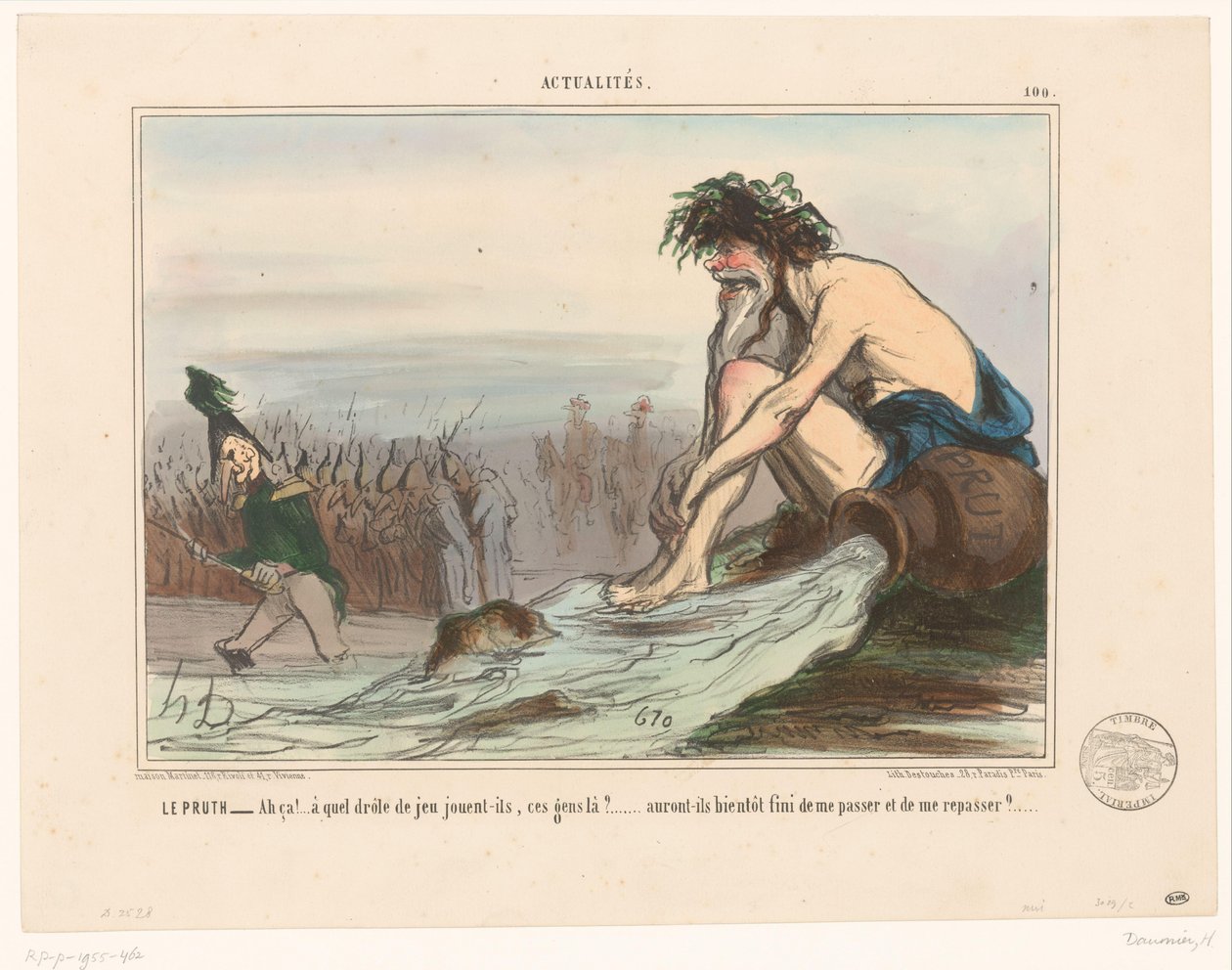 Joen jumala katselee venäläisiä sotilaita Le Pruth (otsikko esineessä) Ajankohtaista (sarjan nimi) Todellisuudet (sarjan nimi esineellä) tekijältä Honoré Daumier