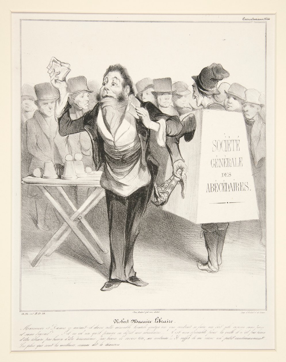 Robert-Macaire kirjakauppias. (Robert Macaire kirjakauppias.), pl. 14 sarjasta Caricaturana albumissa Les Robert Macaires tekijältä Honoré Daumier