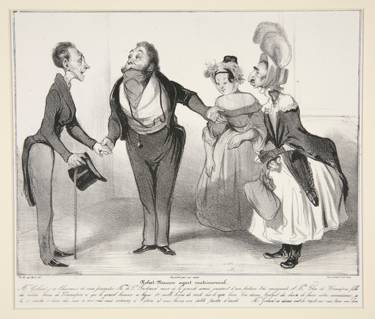 Robert-Macairen avioliittoagentti. (Macairen avioliittoasiamies.), pl. 16 sarjasta Caricaturana, albumilta Les Robert Macaires tekijältä Honoré Daumier