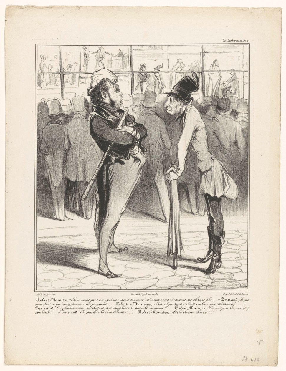 Robert-Macaire keskustelussa Bertrandin kanssa kirjapainon ikkunasta Caricaturana (sarjan nimi esineellä) tekijältä Honoré Daumier