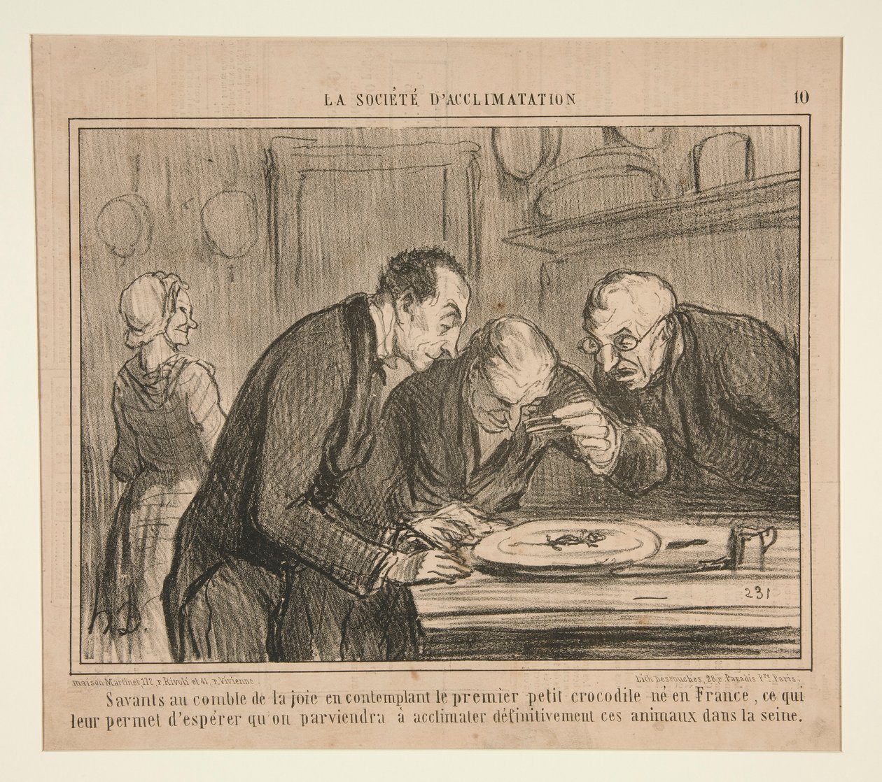 Tutkijat ilon huipulla pohtimassa ensimmäistä pientä krokotiilia tekijältä Honoré Daumier