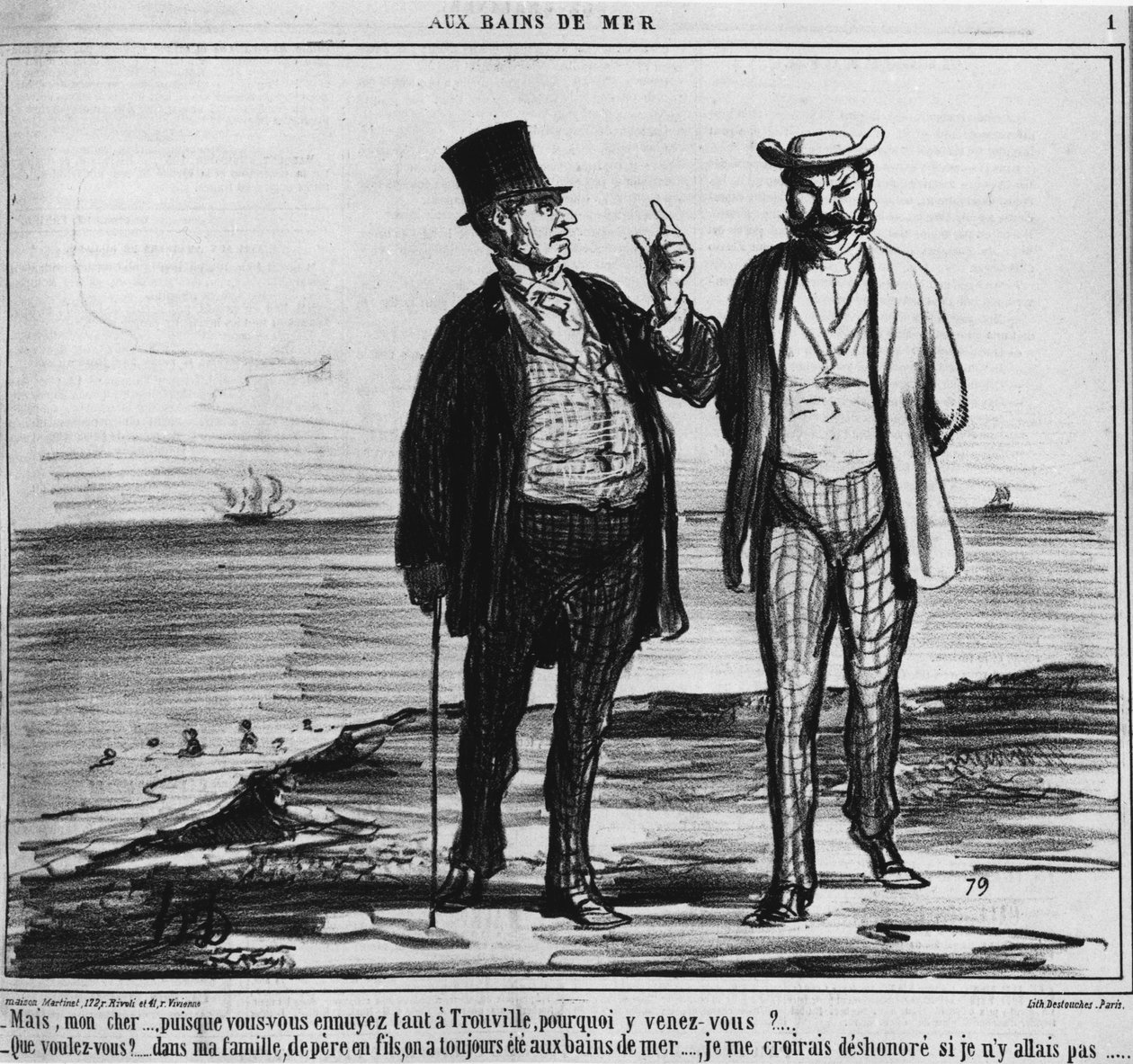 Merenrantakylpyjä: pariisilaisia Trouvillen rannalla perinteiden ja perhetottumusten painolla - kirjoittanut Honore Daumier, "" Charivarissa" 25.8.1859 tekijältä Honoré Daumier