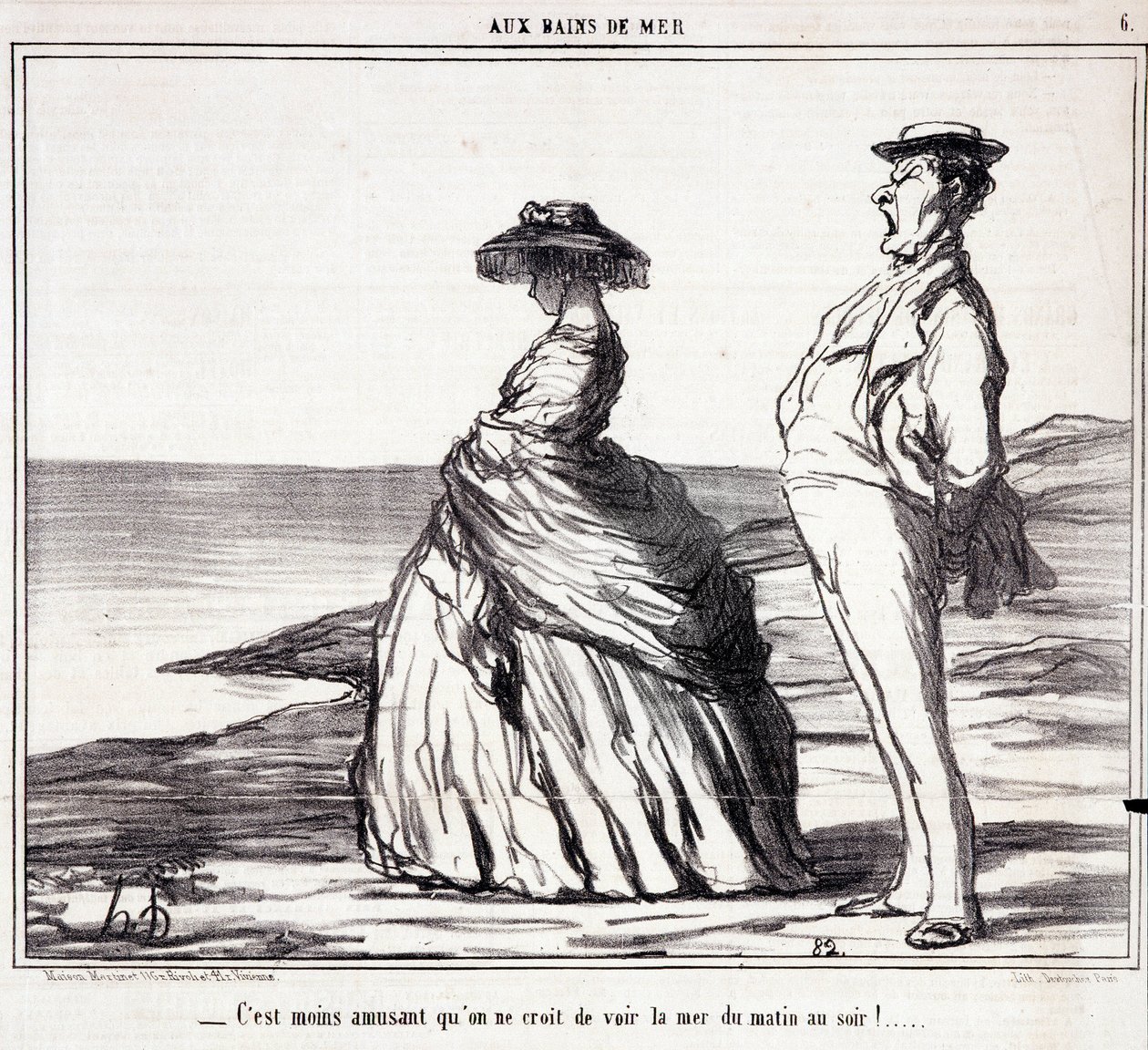 Serie "" Les Bains de Mer"": "" Meren näkeminen aamusta iltaan on vähemmän hauskaa kuin luulet! "" Sarjakuva turisteista lomalla. Kaiverrus Honore DAUMIER (1808-1879). Ote sanomalehdestä "" Le Charivari"" 9. syyskuuta tekijältä Honoré Daumier