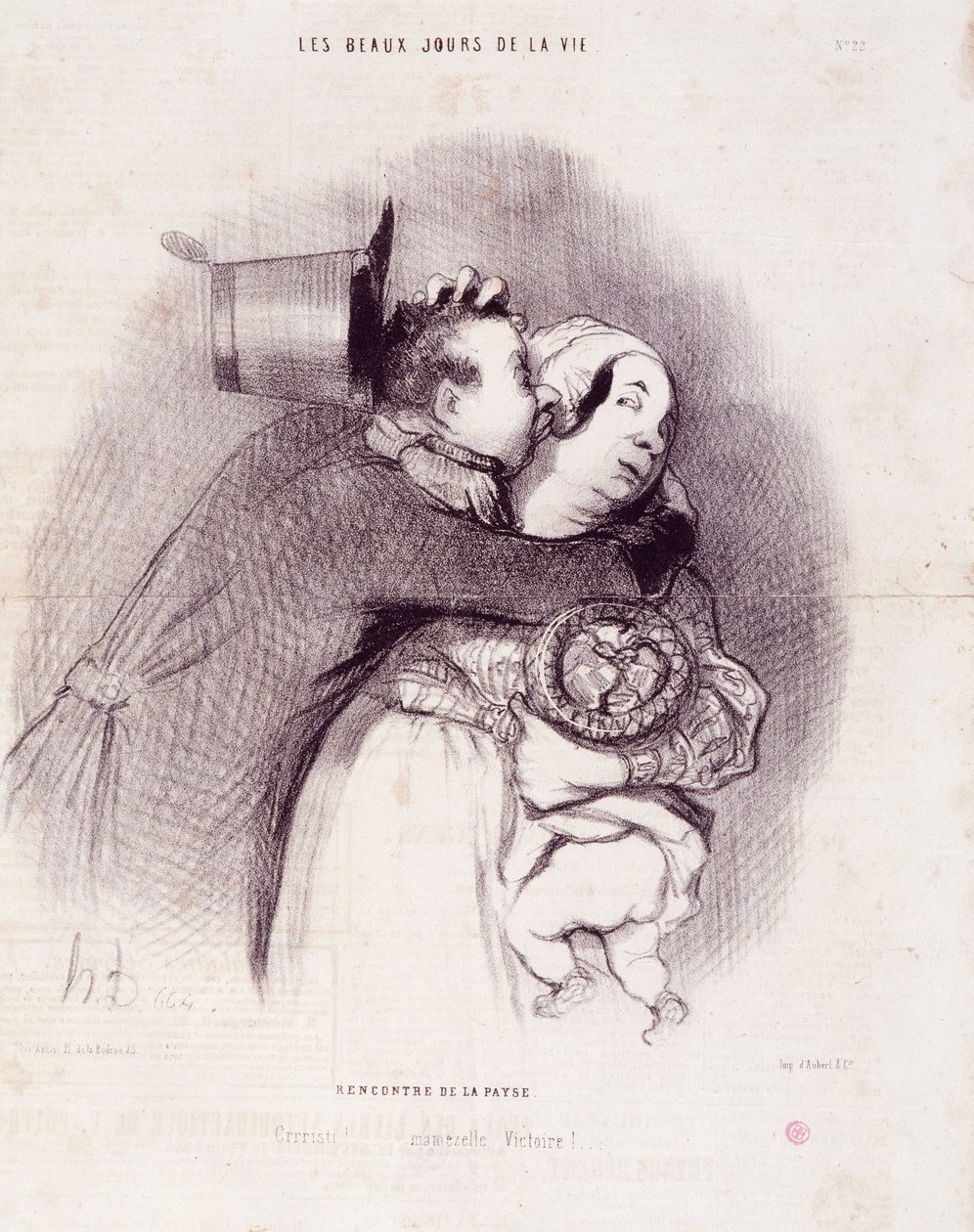 Sarja "" Elämän kauniit päivät"": Maan tapaaminen..."". Kaiverrus Honore DAUMIER (1808-1879). Ote sanomalehdestä "" Le Charivari"" 8. syyskuuta tekijältä Honoré Daumier