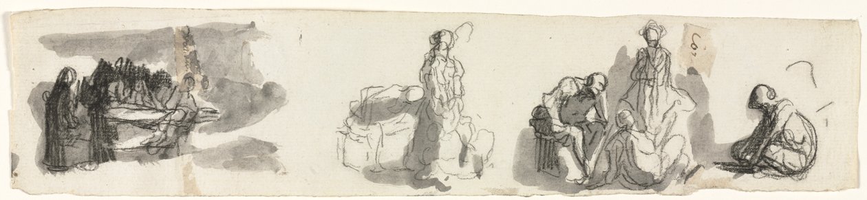 Tutkimusarkki, jossa neljän hahmon ryhmä oikealla (recto) tekijältä Honoré Daumier