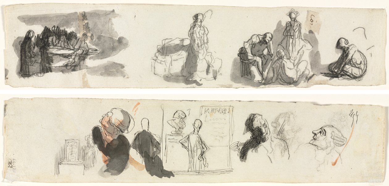 Tutkimusarkki, jossa on neljän hahmon ryhmä oikealla (recto) Eri hahmojen luonnokset (käänteinen) tekijältä Honoré Daumier