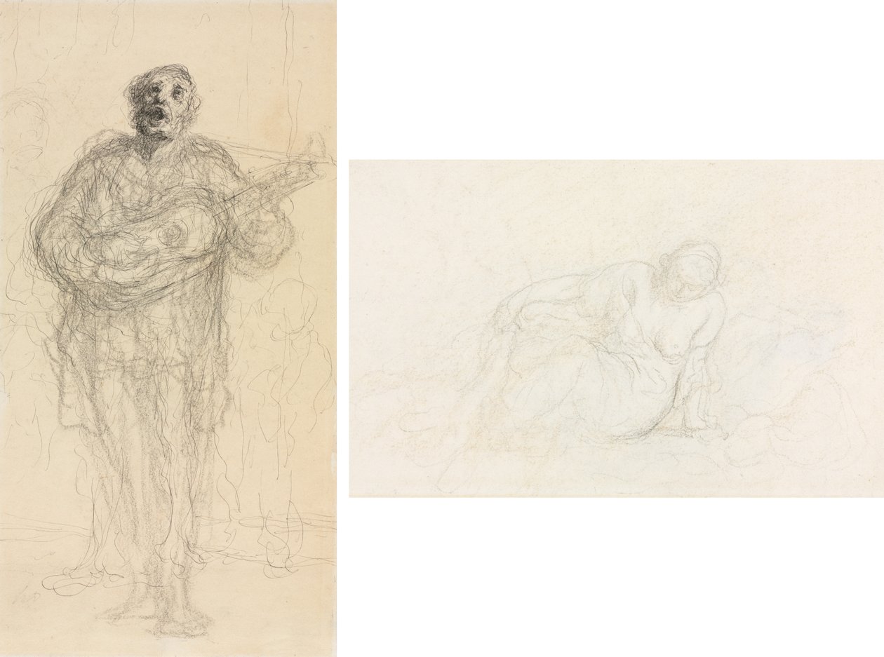 Laulava kitaristi (recto); Makaava nainen nojaa käsivarteensa (käänteinen) tekijältä Honoré Daumier