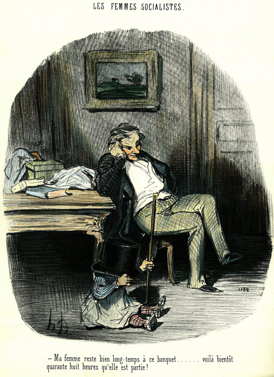 Sosialistiset naiset Antifeministinen sarjakuva, joka kuvaa miestä odottamassa lapsensa kanssa kahdeksi päiväksi kadonnutta vaimoaan. Honore Daumierin (1808-1879) litografia 1800-luvun yksityinen kokoelma tekijältä Honoré Daumier