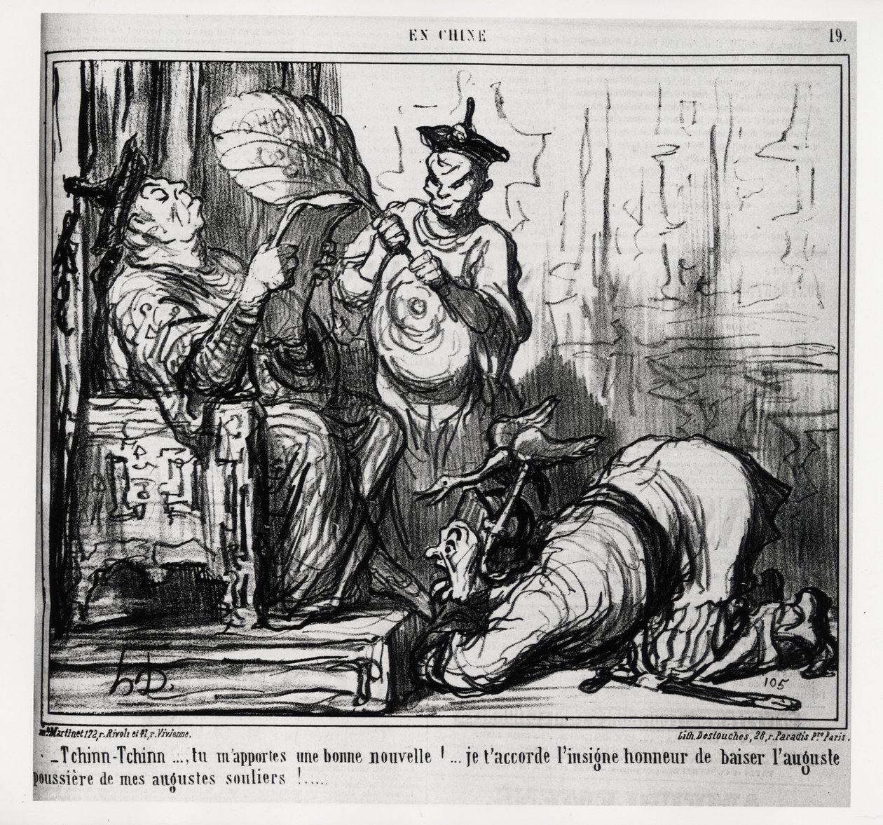 Tchinn Tchinn... Em portes bones notícies! Et concedeixo el gran honor de besar la pols augusta de les meves augustes sabates. A la sèrie En Chine, il·lustració d