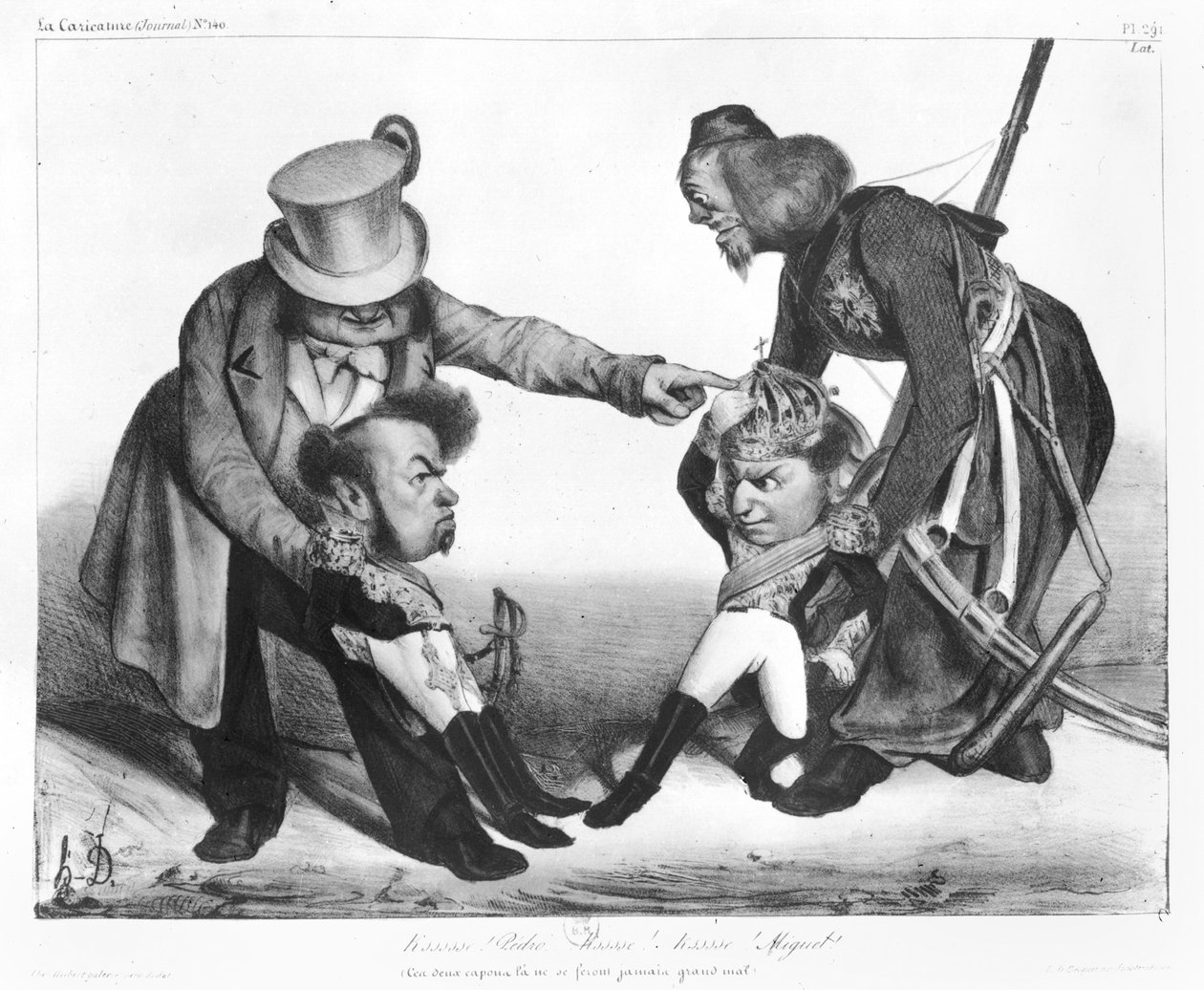 Portugalin sisällissota, jossa Brasilian keisari ja Portugalin kuningas Pedro I (1798-1834) ja Dom Miguel (1802-66) joutuvat vastakkain, kuvasta "La Caricature", N 140, 1832-34. tekijältä Honoré Daumier
