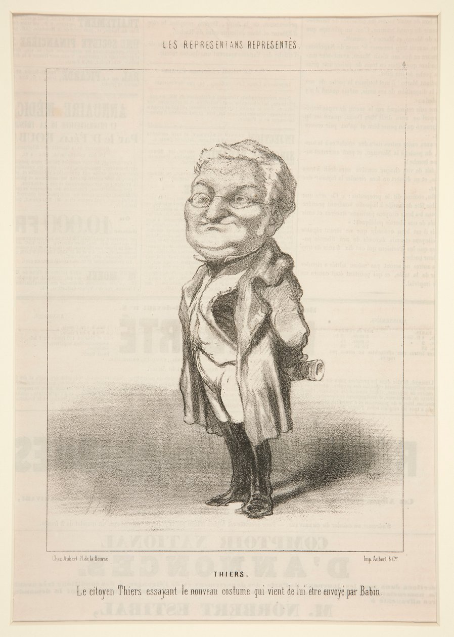 Thiers: Kansalainen Thiers kokeilee uutta pukua, jonka Bavin on juuri lähettänyt hänelle tekijältä Honoré Daumier