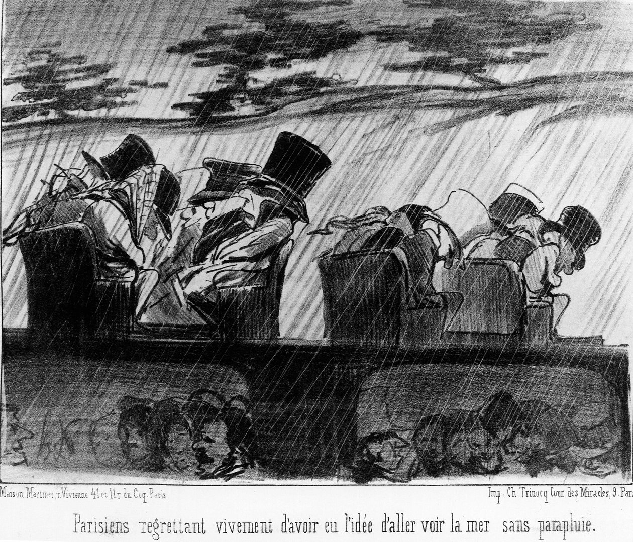 Huvijunat: matkailijat sateessa - Daumierin "" Charivarissa"" 28.8.1852. tekijältä Honoré Daumier