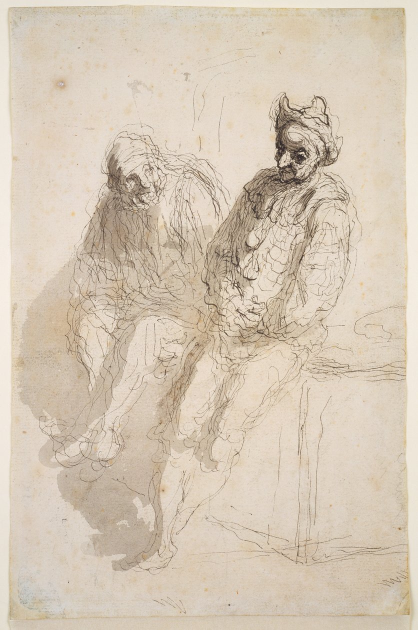 Kaksi Saltimbanquea, n. 1865-1873 (musta-harmaa muste, harmaat pesut paperilla) tekijältä Honoré Daumier
