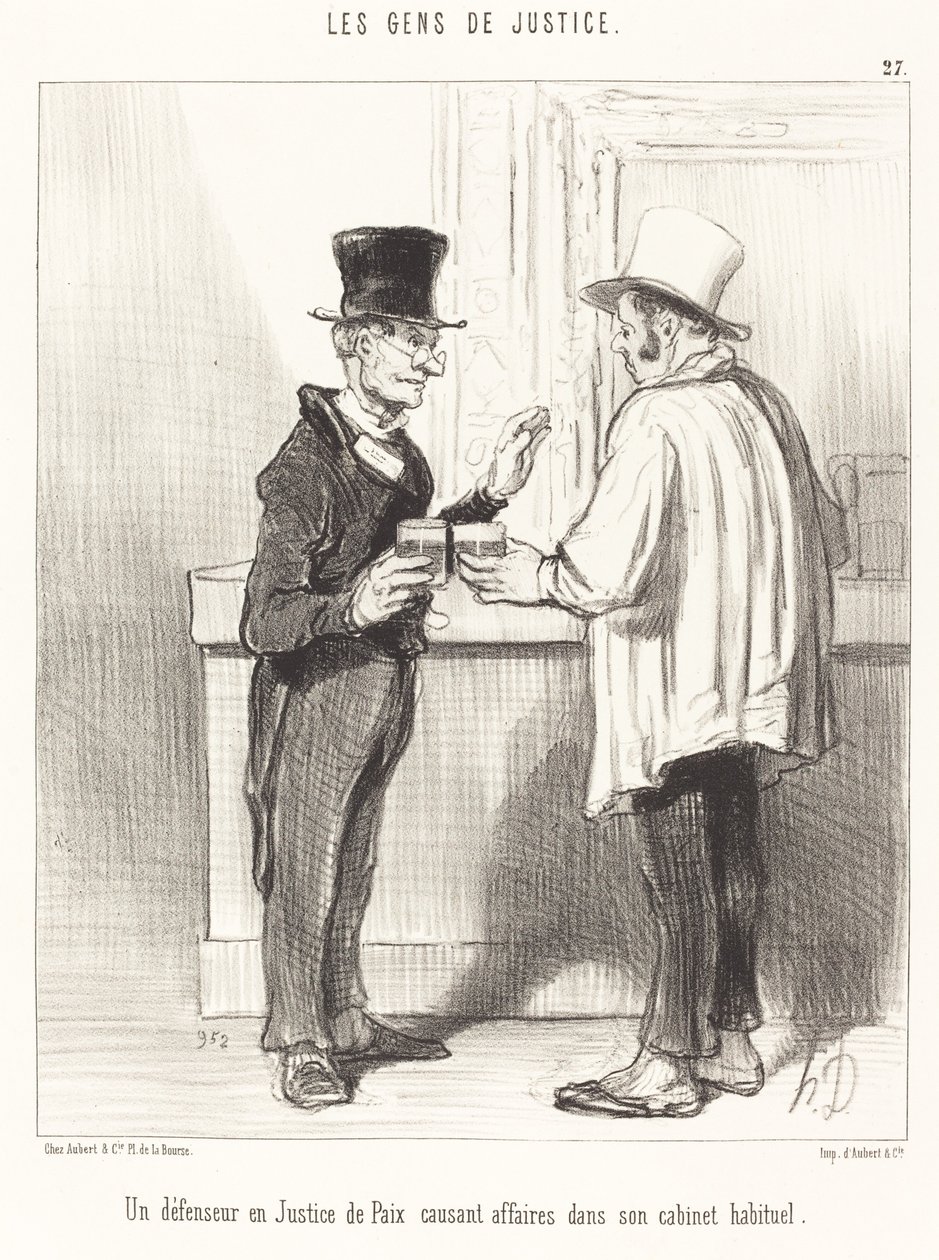 Puolustaja... juttelemassa... tavallisessa kabinetissaan tekijältä Honoré Daumier