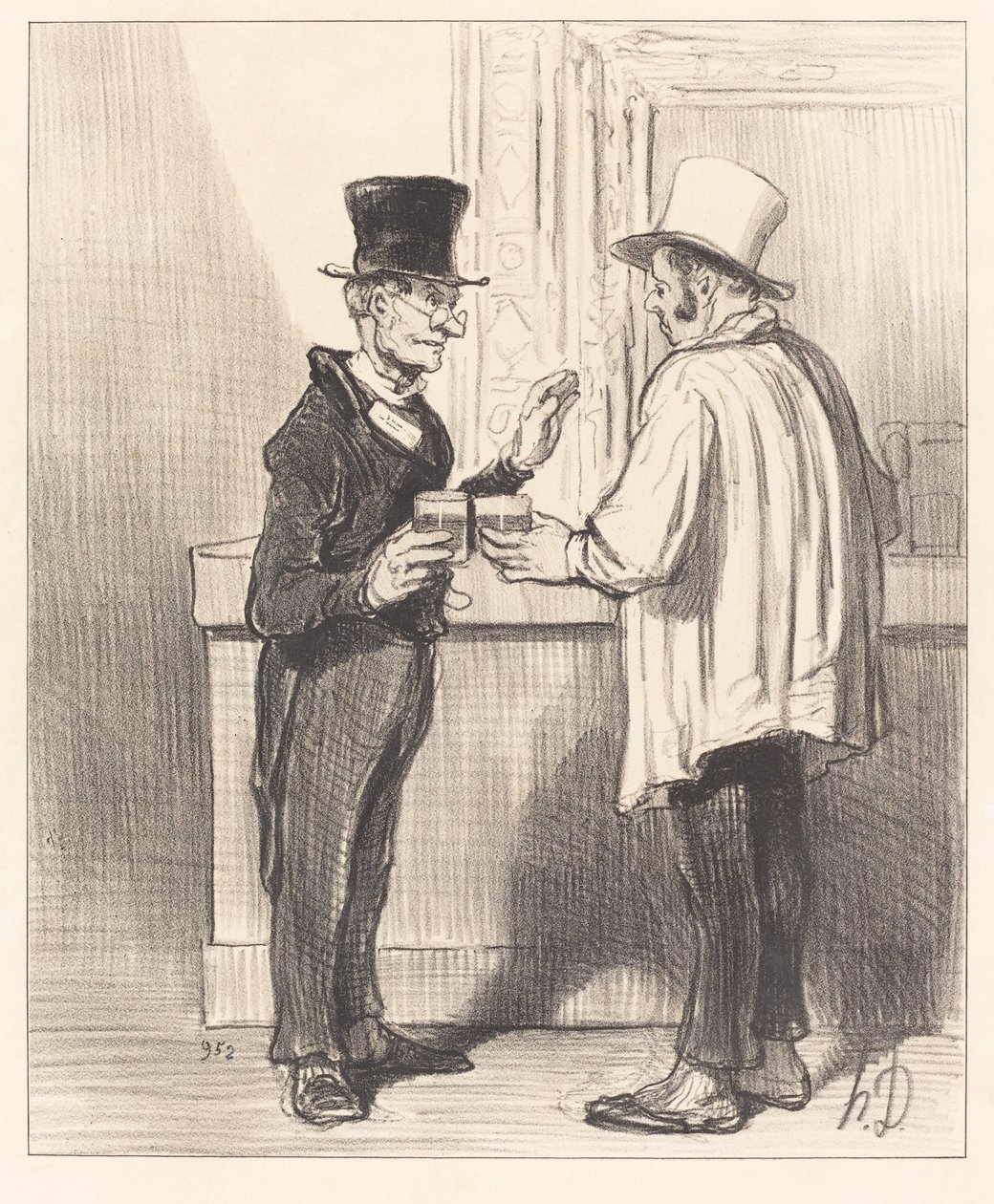 Puolustaja... juttelemassa... tavallisessa toimistossaan tekijältä Honoré Daumier