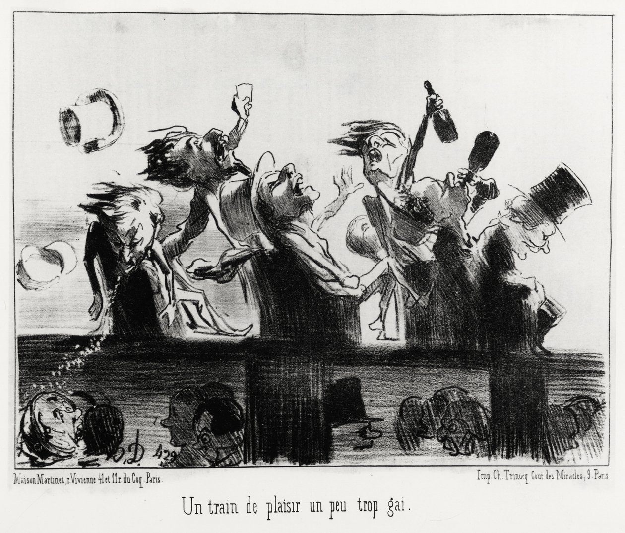 Nautintojuna, hieman liian homo, sarjassa Les Chemins de fer, Honore Daumierin (1808-1879) kuvitus, julkaistu Charivarissa, päivätty 20. elokuuta 1852. tekijältä Honoré Daumier