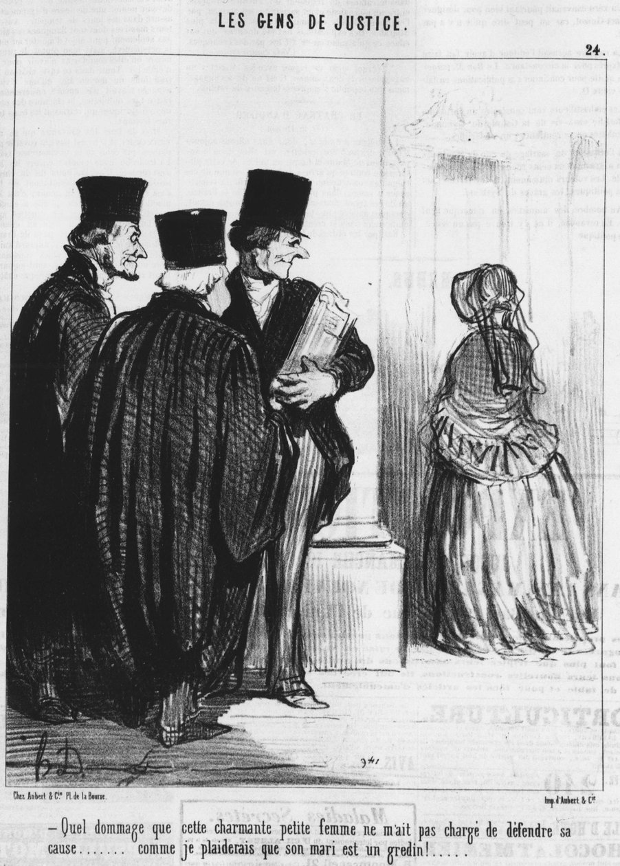Harmi, että tämä ihana pieni nainen ei vaatinut minua puolustamaan asiaa... koska väittäisin, että hänen miehensä on roisto! (1808-1879). “Charivari” tekijältä Honoré Daumier
