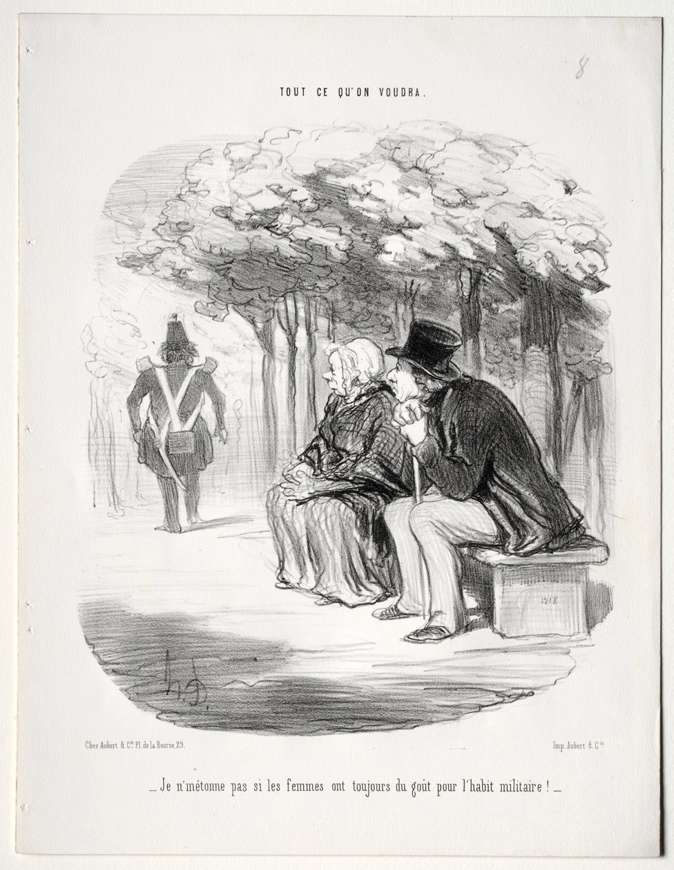 Mitä haluat, levy 51: En ihmettele, että naiset pitävät aina sotilaspukusta, 1848. tekijältä Honoré Daumier