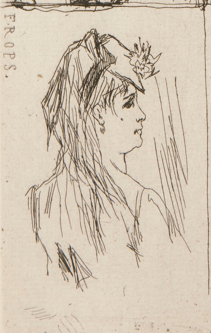 a. Vanhan miehen pää, kirjoittanut Daumier (ylhäällä vasen); b. Taiee:n Chez Charles Beriot (yläkeski); c. Ropsin nuoren naisen pää (ylhäällä oikealla); d. Harpigniesin jokimaisema (alhaalla keskellä); e. Nuoren naisen profiili tekijältä Honoré Daumier