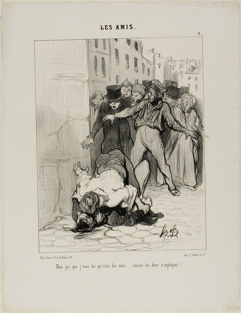 "- Mutta minä sanon teille, että he ovat ystäviä.... he vain ilmaisevat itseään toisilleen", levy 9 teoksesta Les Amis. tekijältä Honoré Victorin Daumier