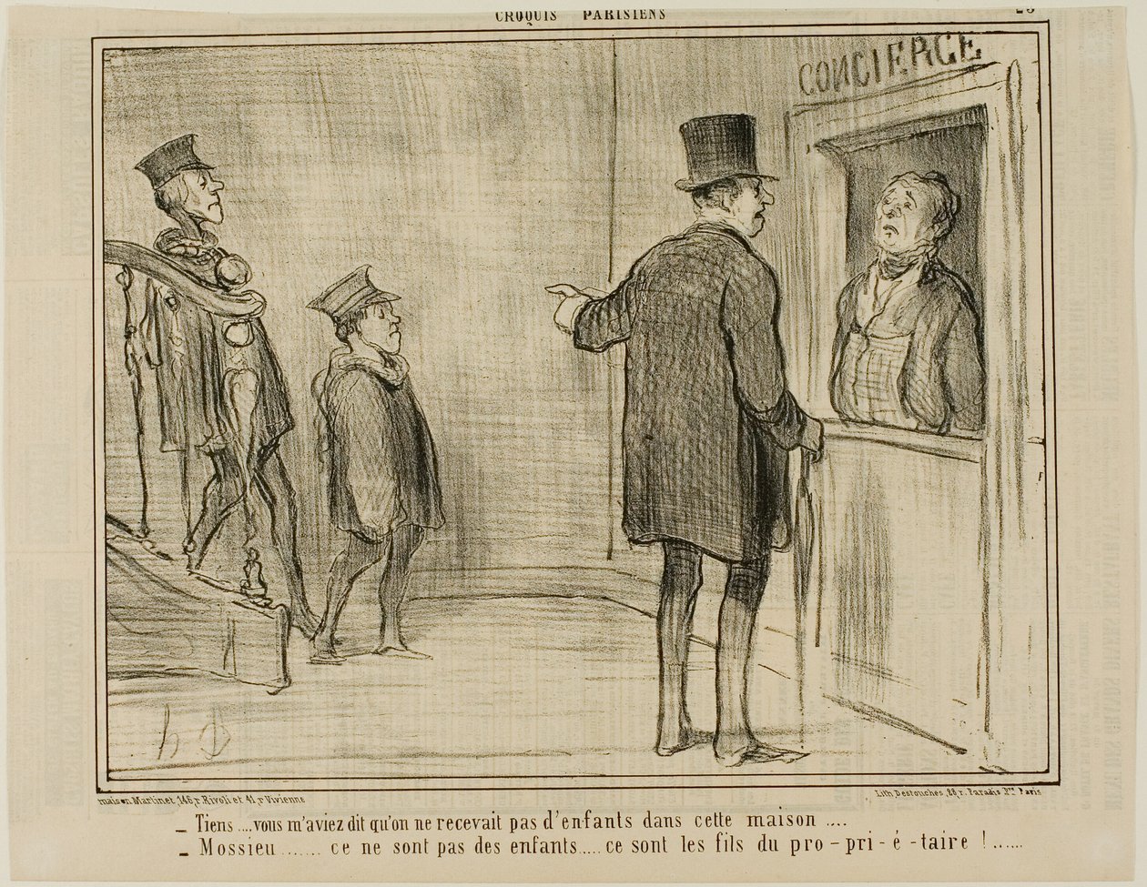 "- Mutta sanoit minulle, että lapset eivät saa olla tässä talossa...". - Herra, nämä eivät ole lapsia... he ovat omistajan poikia!...", laatta 23 teoksesta Croquis Parisiens, - par Daumier. tekijältä Honoré Victorin Daumier