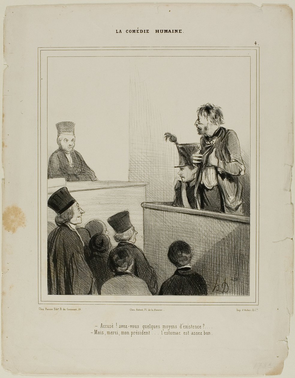 "- Vastaaja! Onko teillä mitään varoja elääksenne - Kiitos, herra presidentti..... Minulla on melko hyvä vatsa", levy 4 La Comédie Humaine tekijältä Honoré Victorin Daumier