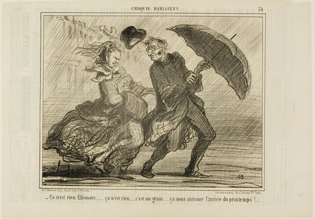 "- Älä huoli, Eleonore... ei se ole mitään, se on vain pieni tuuli, joka ilmoittaa kevään tulosta", levy 34 Croquis Parisiens -teoksesta. tekijältä Honoré Victorin Daumier