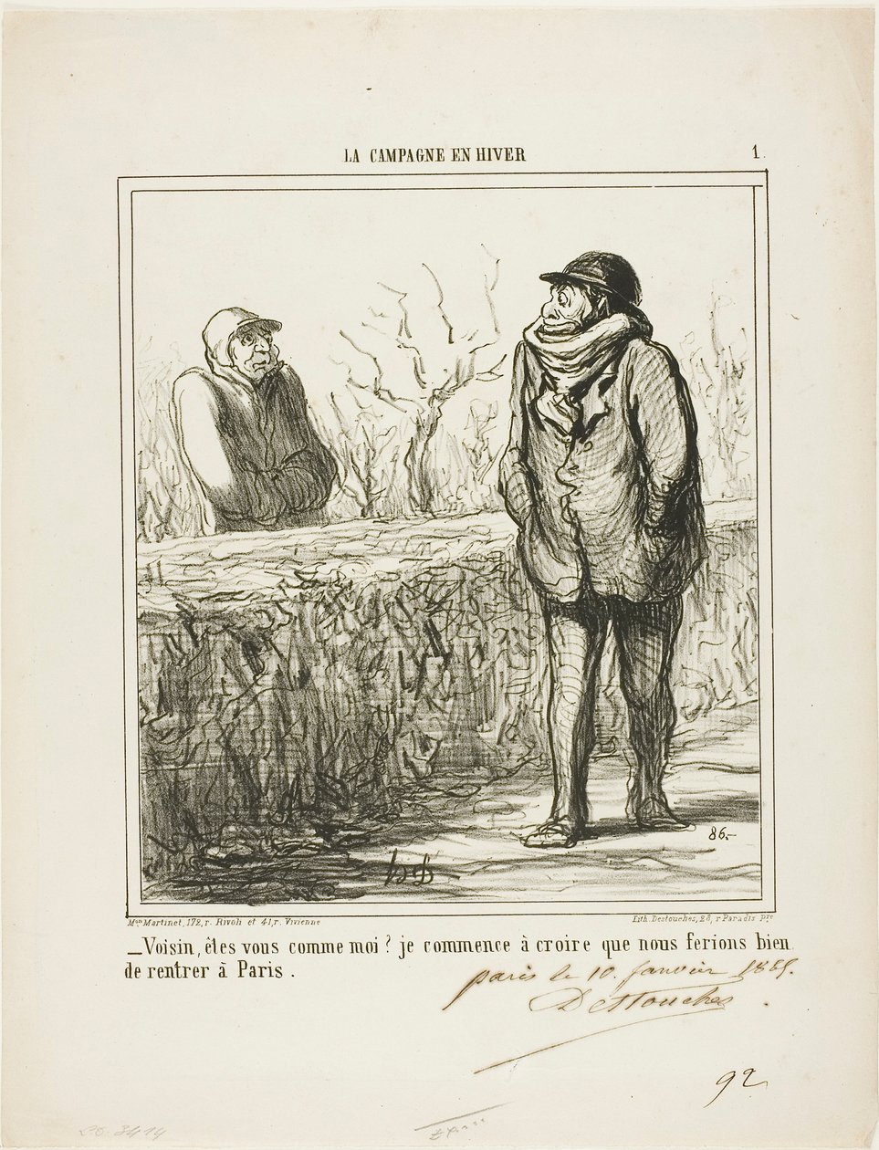 "- Hei, naapuri, oletko samanlainen kuin minä Alan uskoa, että meidän kannattaisi palata Pariisiin.", levy 1 teoksesta La Campagne En Hiver. tekijältä Honoré Victorin Daumier