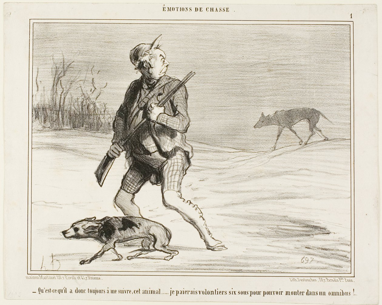 "- Ihmettelen, miksi tämä peto seuraa minua koko ajan... Maksan mielelläni 6 sousta hyppäämällä bussiin," levy 1 Émotions De Chasse -teoksesta. tekijältä Honoré Victorin Daumier