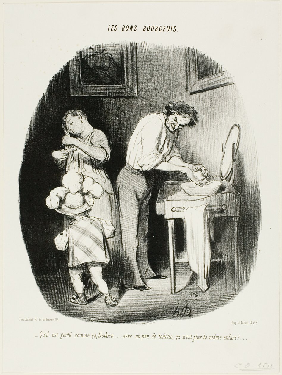 "- Eikö hän olekin söpö, Dodore... kun häntä vähän siivotaan, hän ei ole enää sama lapsi!...", lautanen 37, Les Bons Bourgeois -lehti tekijältä Honoré Victorin Daumier