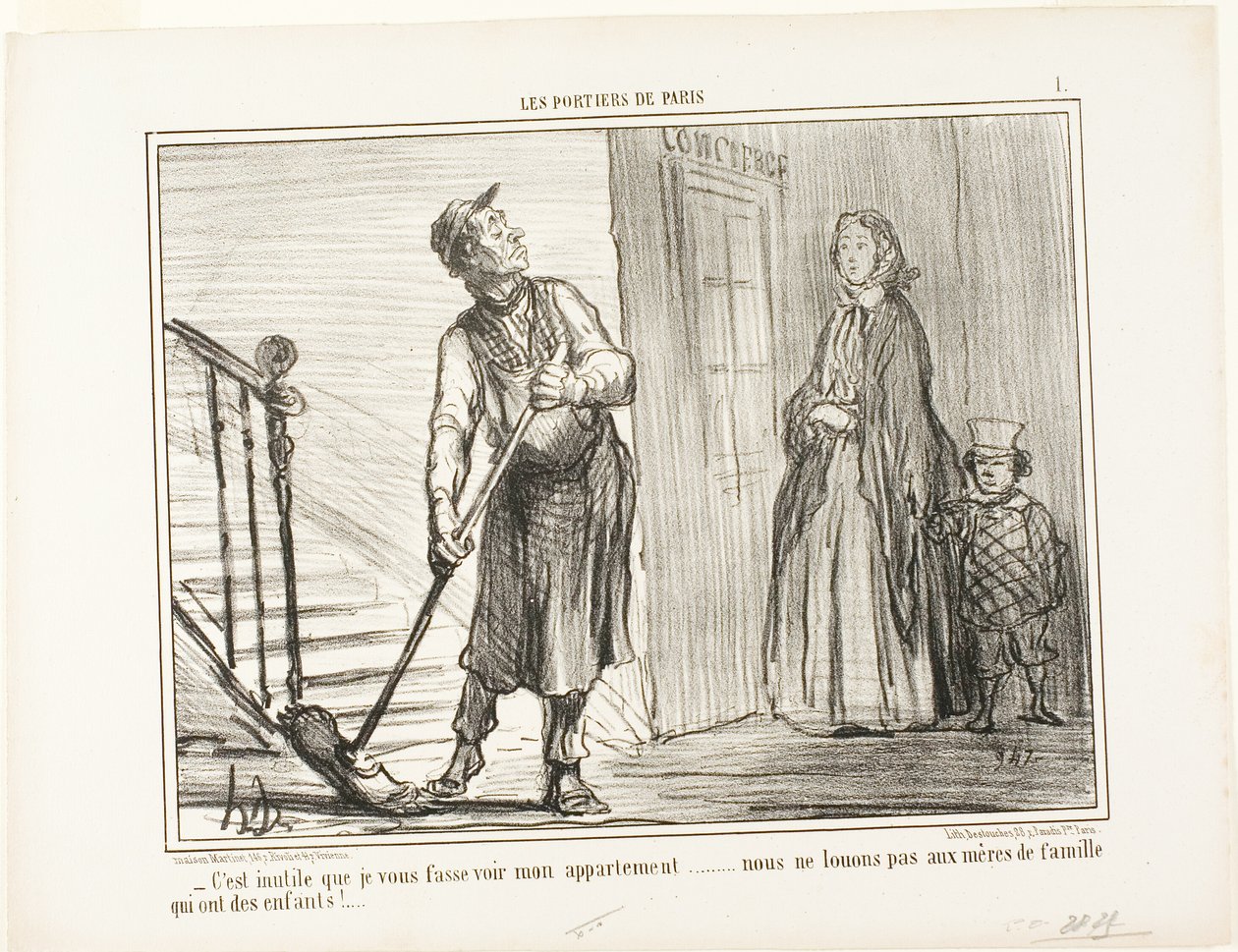 "- On hyödytöntä näyttää sinulle asuntoni. Emme vuokraa asuntoa lapsiäideille.", levy 1, Les Portiers De Paris. tekijältä Honoré Victorin Daumier