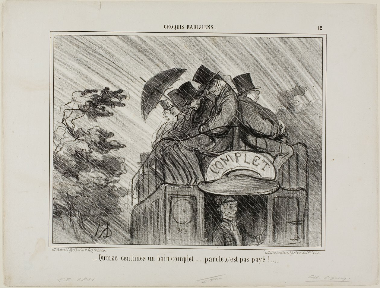 "- Vain 15 senttiä koko kylpyammeesta.... mikä diili!", levy 12 Croquis Parisiens -lehdestä. tekijältä Honoré Victorin Daumier
