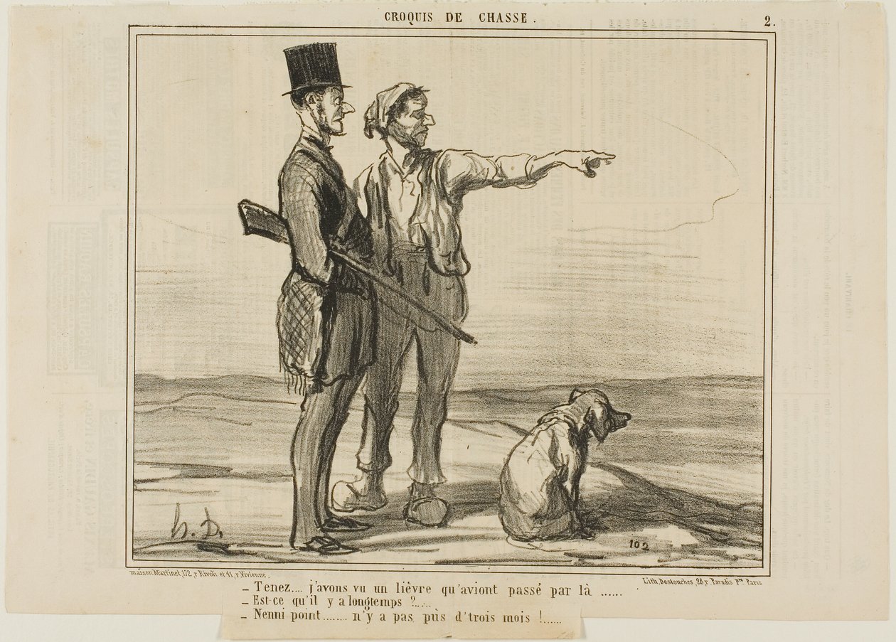 "- Kuuntele... Näin tuolla jäniksen... - Oliko se kauan sitten - Ei lainkaan... siitä on alle kolme kuukautta...", levy 2 Croquis De Chasse -teoksesta. tekijältä Honoré Victorin Daumier