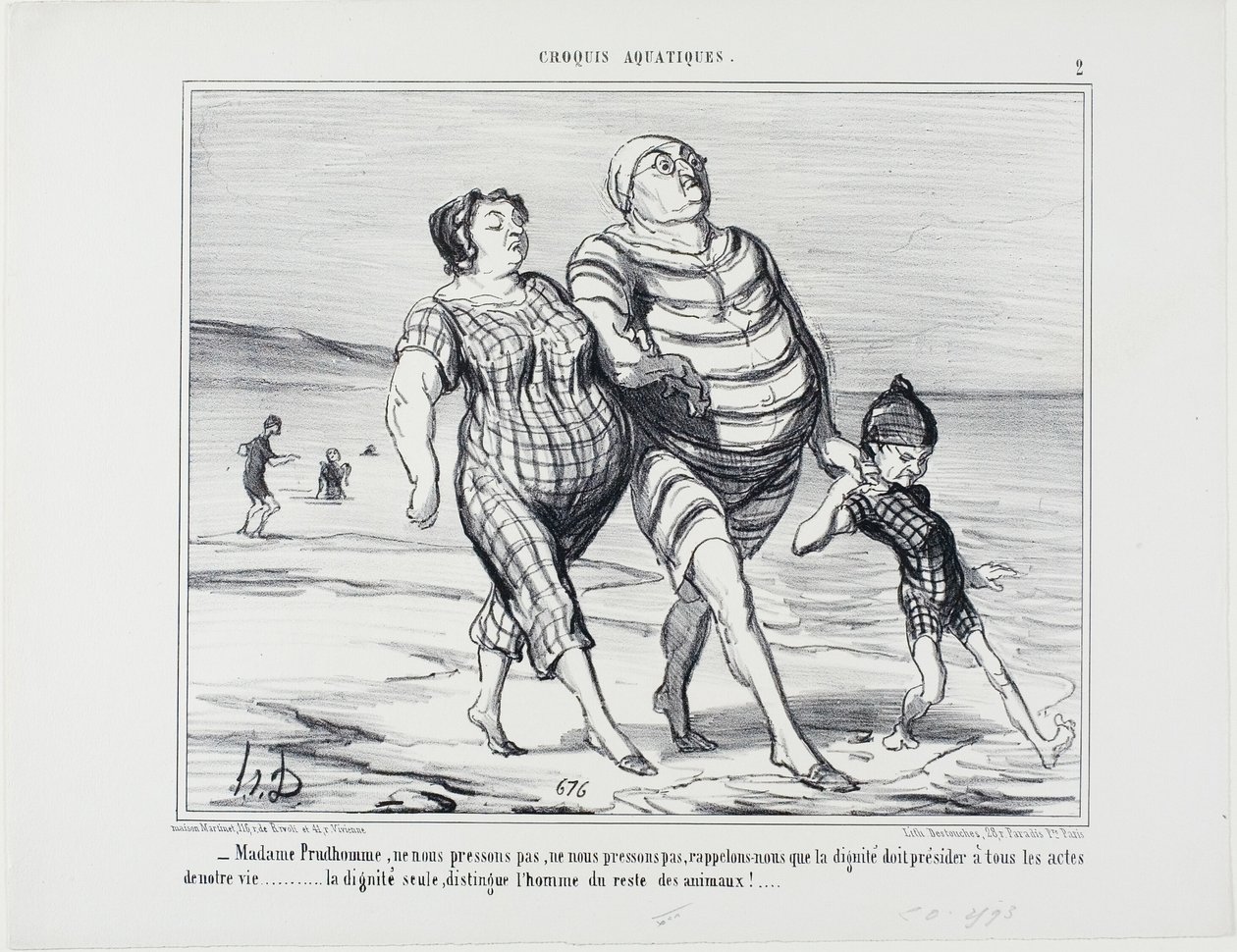 "- Madame Prudhomme, älkäämme kiirehtikö, muistuttakaamme, että ihmisarvon tulisi hallita kaikkia elämäntoimia... ainoastaan ihmisarvo erottaa ihmisen muista eläimistä", levy 2 Croquis Aquatiques -teoksesta. tekijältä Honoré Victorin Daumier