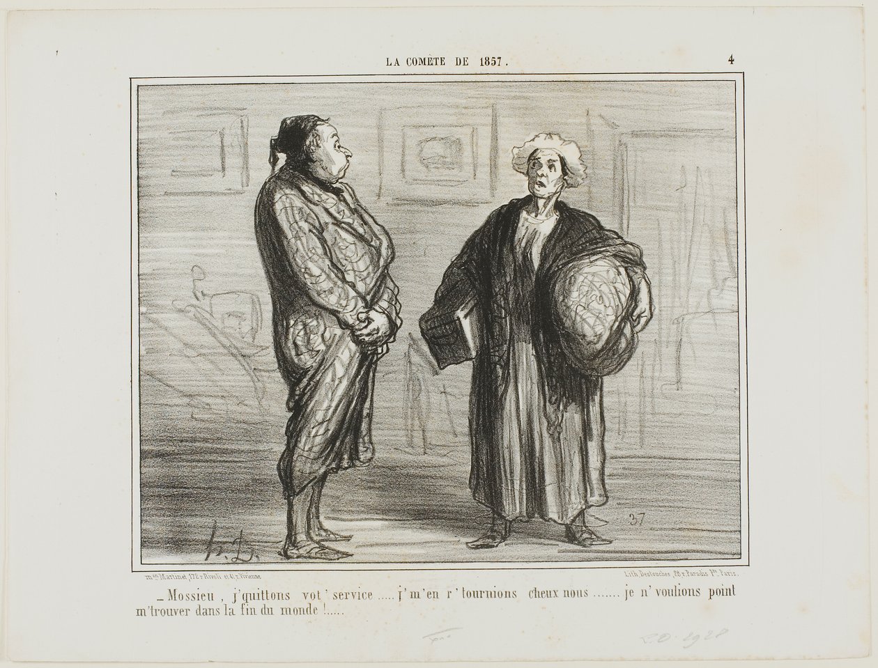 "- Monsieur, minä eroan palveluksestanne, menen kotiin... En halua olla täällä, kun maailmanloppu koittaa." Laatta 4 teoksesta La Cométe De 1857. tekijältä Honoré Victorin Daumier