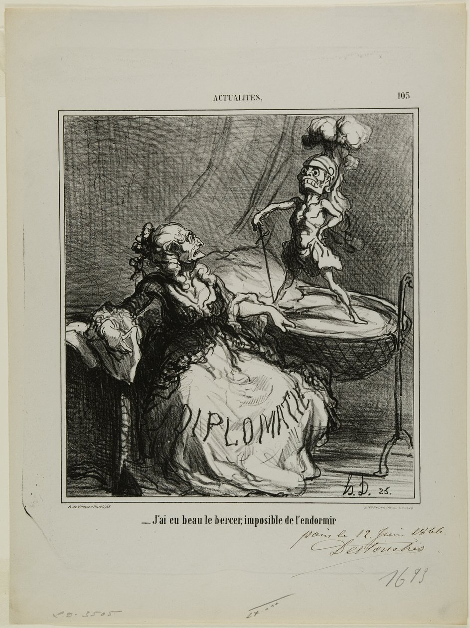 "- Vaikka kuinka keinuttaisin häntä, häntä on mahdotonta saada nukahtamaan", levy 105 Actualitésin sivuilta tekijältä Honoré Victorin Daumier