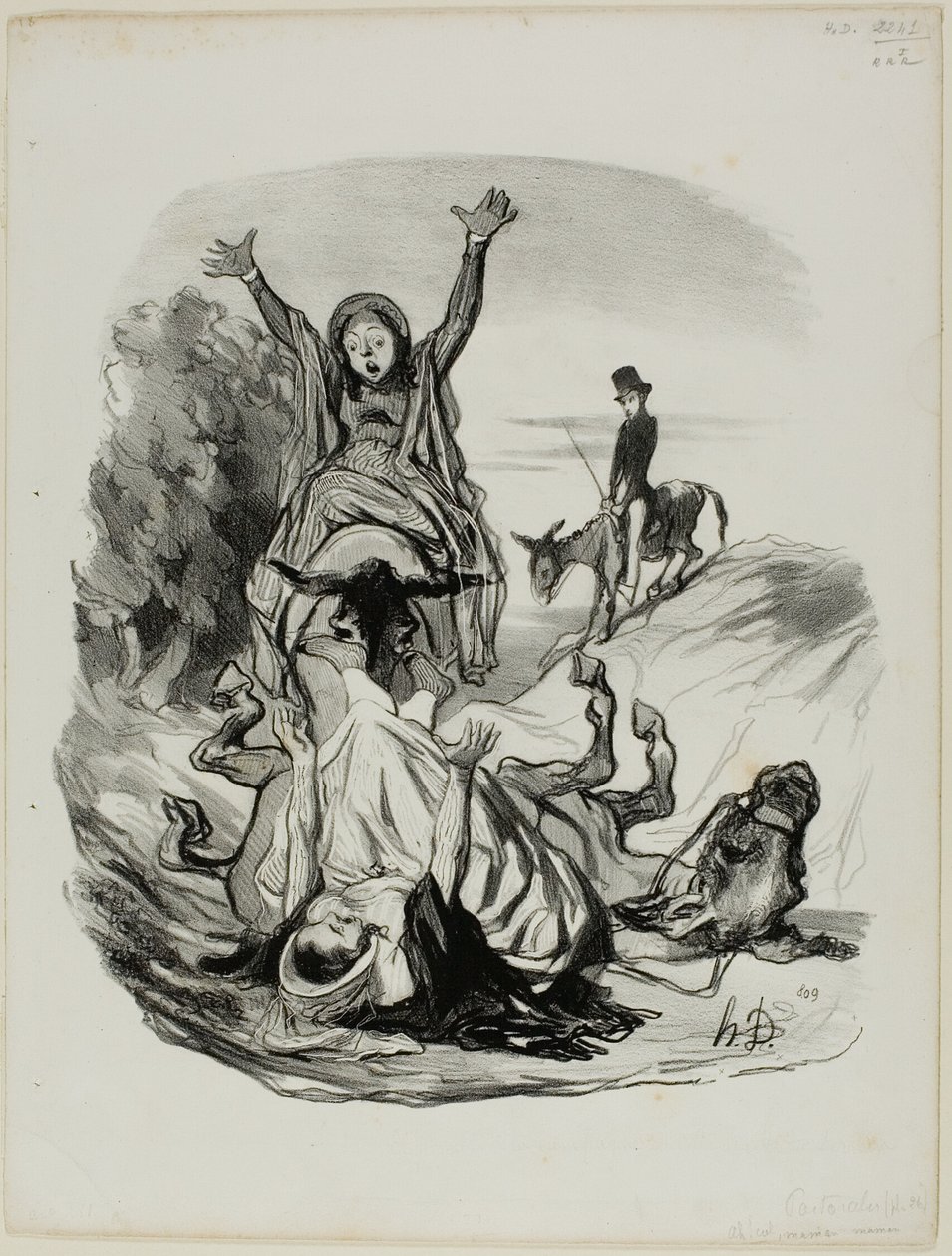 "- Voi luoja, äiti, äiti!" ........ Taivaan tähden..... tyttäreni, tyttäreni!!!!", levy 26 Pastoralesista. tekijältä Honoré Victorin Daumier