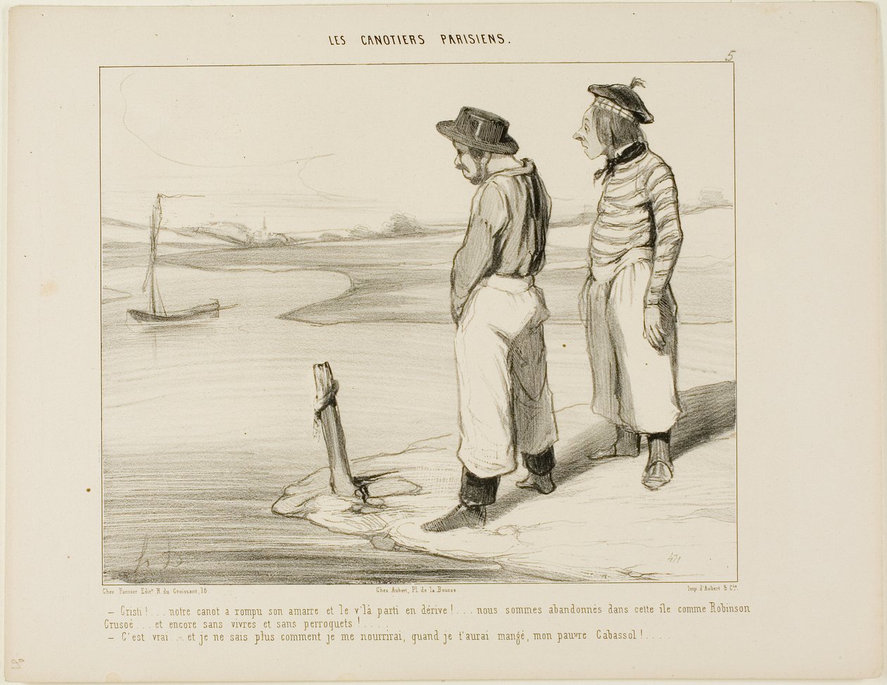 "- Veneemme irrotti ankkurin ja ajautui pois.... olemme jumissa yksinäisellä saarella kuin Robinson Crusoe... ilman mitään syötävää ja ilman papukaijaa...". - Se on totta.... enkä todellakaan tiedä mitä syödä, kunhan olen syönyt sinut, Cabassol-parka!"," tekijältä Honoré Victorin Daumier