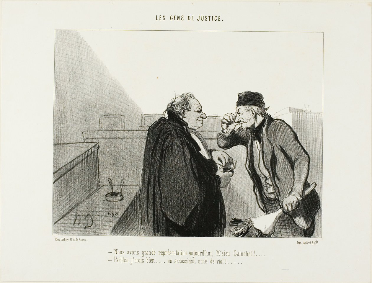 "- Tänään pitäisi olla hieno esitys, herra Galuchet... - Luulisin niin... Murhajuttu, jossa on mukana raiskaus...", levy 31 elokuvasta Les Gens De Justice... tekijältä Honoré Victorin Daumier