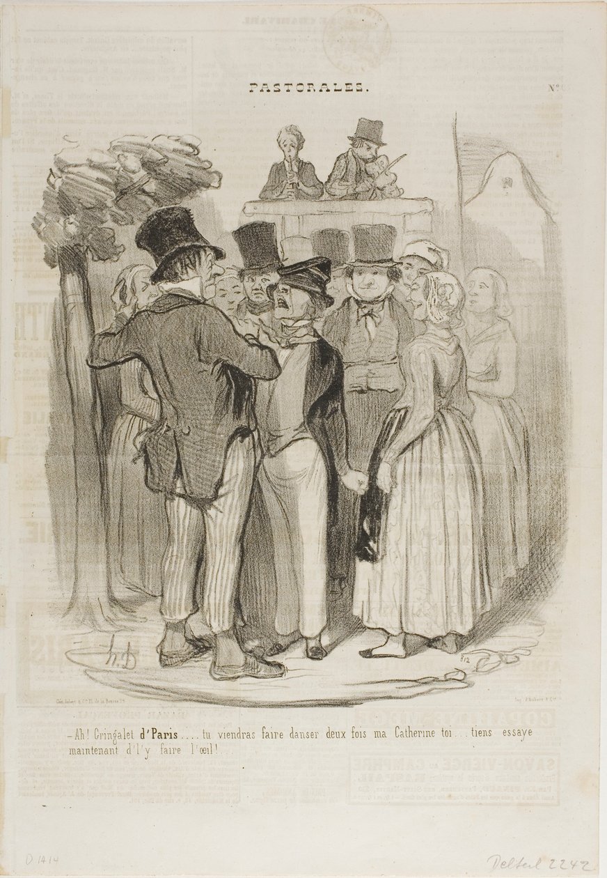 "- Niin, Gringalet Pariisista!.... tanssit kahdesti minun Katariinani kanssa ...... yritä nyt vielä kerran katsoa häntä lampaan silmin," levy 27 Pastoralesista. tekijältä Honoré Victorin Daumier