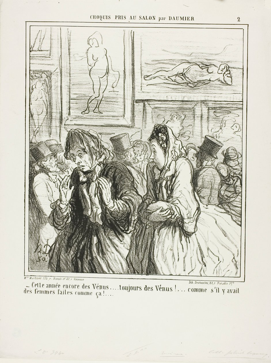 "- Vielä enemmän Venuksia tänä vuonna... aina Venuksia!... ikään kuin olisi olemassa yhtään tuollaista naista!", laatta 2 teoksesta Croquis Pris Au Salon par Daumier. tekijältä Honoré Victorin Daumier