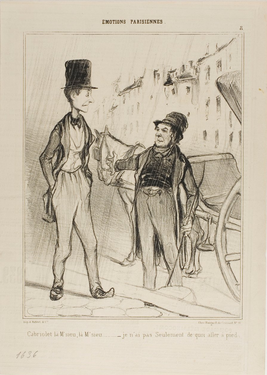 "- Taksi Monsieur Taksi - Minulla ei ole tarpeeksi rahaa edes kävellä," levy 8 teoksesta Émotions De Parisiens. tekijältä Honoré Victorin Daumier