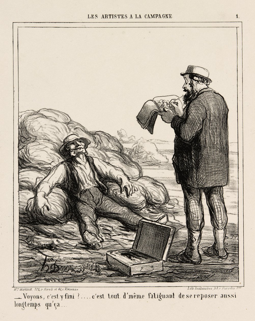 "- No, oletko vihdoinkin valmis... onhan se väsyttävää rentoutua niin kauan", levy 1 elokuvasta Les Artistes A La Campagne. tekijältä Honoré Victorin Daumier