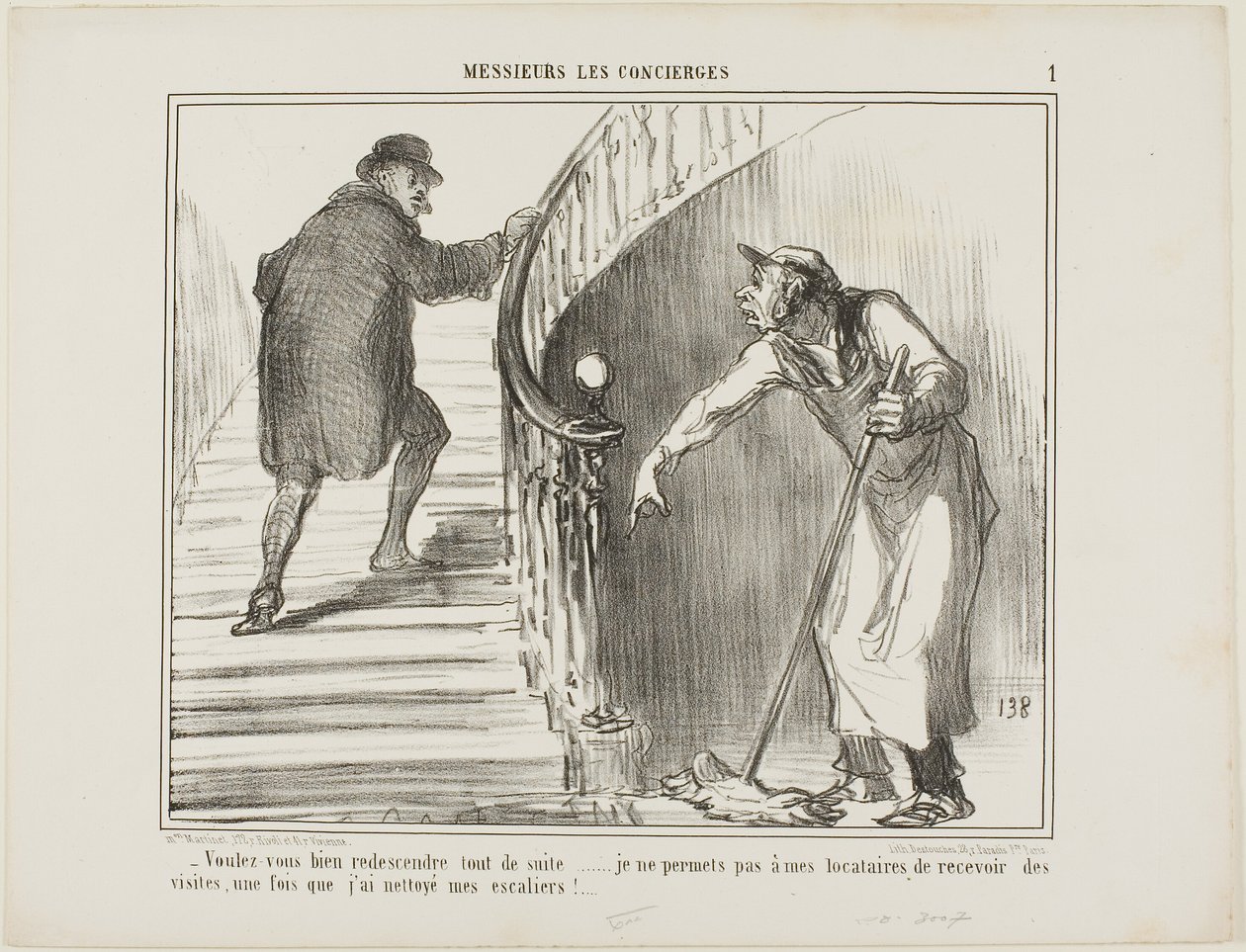 "- Voisitteko tulla heti takaisin... En salli vuokralaisteni ottaa vastaan vieraita sen jälkeen, kun olen siivonnut portaikon.", laatta 1, Messieurs Les Concierges. tekijältä Honoré Victorin Daumier