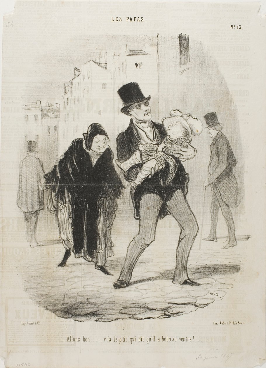 "- Joo hyvä on, mutta poikaparan vatsa on kipeä", levy 13 Les Papas -lehdestä tekijältä Honoré Victorin Daumier