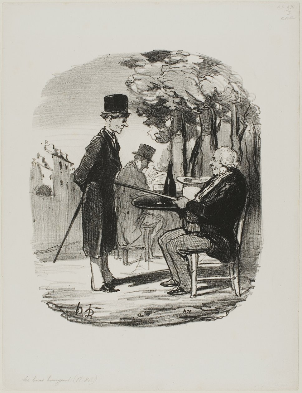 "- Sinä et ota olutpulloasi kanssamme tänä iltana... Näen, että sinulla on tänään yksityiset illalliskutsut, senkin roisto...", lautanen 81, Les Bons Bourgeois. tekijältä Honoré Victorin Daumier