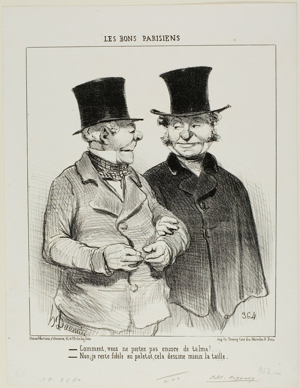 "- Eikö sinulla ole vielä Talmaa - En, olen edelleen uskollinen päällystakille, se imartelee vyötäröäni paremmin.", levy 1, Les Bons Parisiens. tekijältä Honoré Victorin Daumier