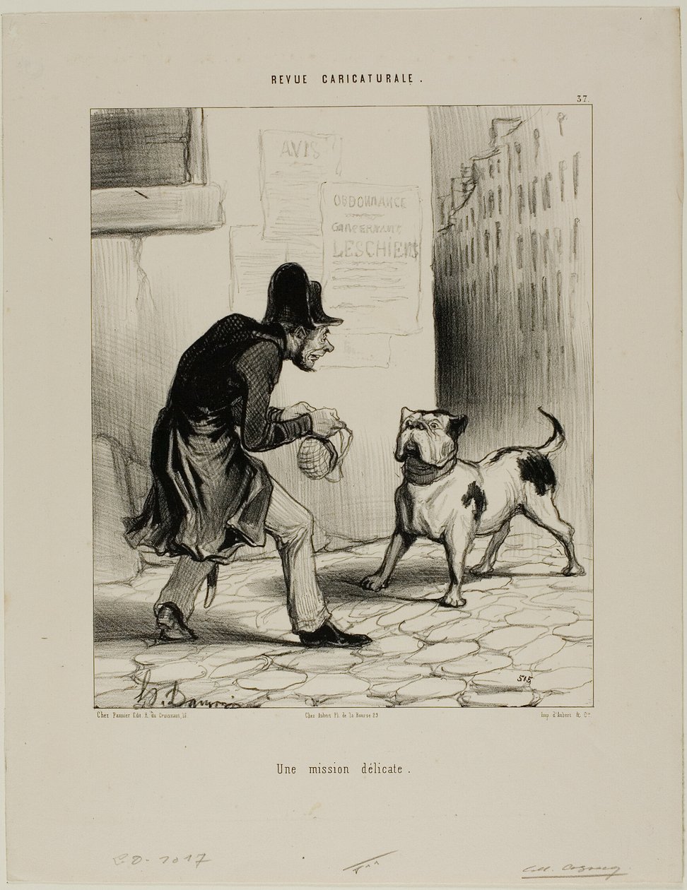 Herkkä tehtävä, levy 37 Revue Caricaturale -lehdestä. tekijältä Honoré Victorin Daumier