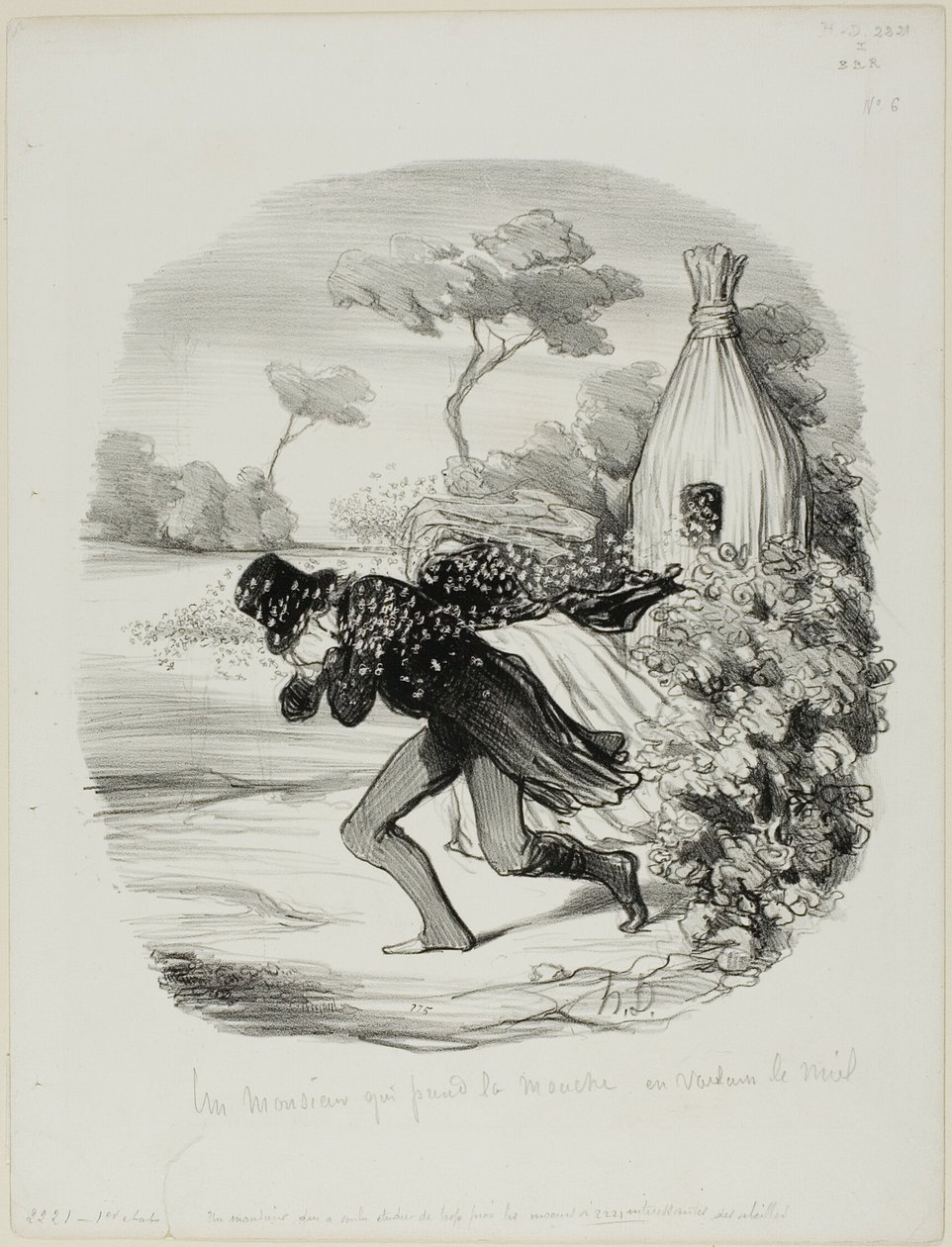 Herrasmies, joka halusi tutkia mehiläisten tapoja liian tarkasti, levy 6 Pastorales-taulukosta tekijältä Honoré Victorin Daumier